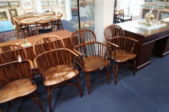 A harlequin set of six 19th century elm, ash and yew Windsor chairs, H.2ft 11in.